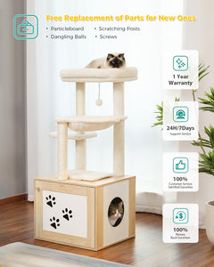 PAWZ Road Luxury Wooden Multifunctional Cat Tree With Enclosure For Standard Litter Box——Beige