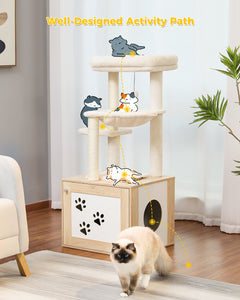 PAWZ Road Luxury Wooden Multifunctional Cat Tree With Enclosure For Standard Litter Box——Beige