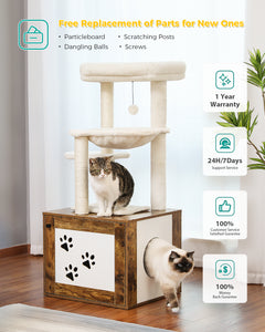 PAWZ Road Luxury Wooden Multifunctional Cat Tree With Enclosure For Standard Litter Box——Brown