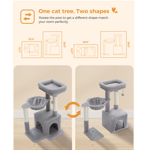 PAWZ Road Plush Two Shapes Cat Tree 29.5" Sisal Cat Scratching Posts Tower Hammock Top Perch for Indoor Cats,Gray