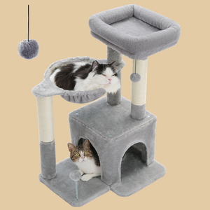 PAWZ Road Plush Two Shapes Cat Tree 29.5" Sisal Cat Scratching Posts Tower Hammock Top Perch for Indoor Cats,Gray