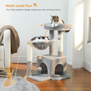 PAWZ Road Plush Two Shapes Cat Tree 29.5" Sisal Cat Scratching Posts Tower Hammock Top Perch for Indoor Cats,Gray