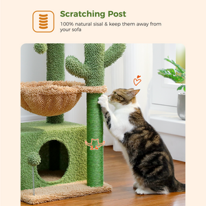 PAWZ Road Cat Tree 33" Cute Plush Cactus Cat Scratching Posts Tower with Large Top Perch and Hammock for Medium Indoor Cats, Green