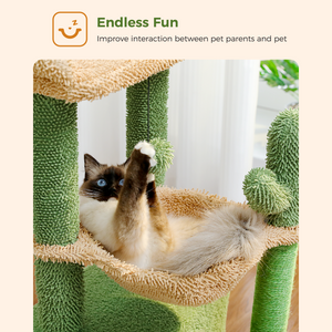 PAWZ Road Cat Tree 33" Cute Plush Cactus Cat Scratching Posts Tower with Large Top Perch and Hammock for Medium Indoor Cats, Green