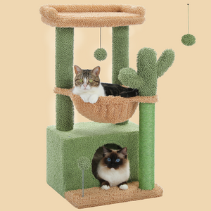 PAWZ Road 4-in-1 Cactus Cat Tree, 33'' Cat Tower for Indoor Cats with Large Cat Condo, Cat Scratching Post for Cats with Deep Hammock& Cozy Top Perch,Green