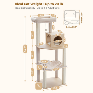 PAWZ Road 56.3 Inches Wooden Multi-Level Sisal Covered Large Cat Tree