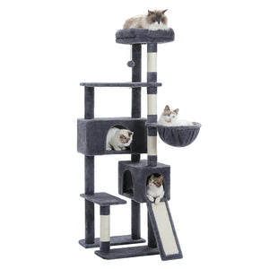 PEQULTI Torre grande para gatos de 61" com escada e condomínios duplos para gatos internos, cinza escuro 
