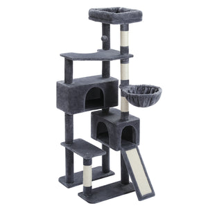 PEQULTI 61" Large Cat Tree Cat Tower with Ladder and Dual Condos for Indoor Cats, Dark Gray