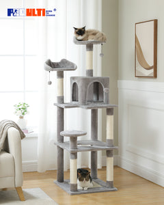 PEQULTI 63'' Torre grande para gatos com almofada para arranhar e condomínio aconchegante para gatos internos, cinza 
