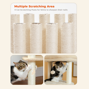 PAWZ Road 61" Cat Tree for Indoor Cats, Cat Climbing Tower with 9 Sisal Scratching Posts [6-Levels] Circular Play Floor and Replaceable Dangling Ball Top Perch Wood Beige/Gray