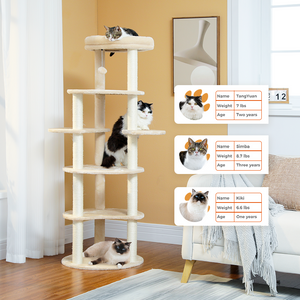 PAWZ Road 61" Cat Tree for Indoor Cats, Cat Climbing Tower with 9 Sisal Scratching Posts [6-Levels] Circular Play Floor and Replaceable Dangling Ball Top Perch Wood Beige/Gray