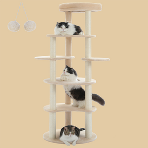 PAWZ Road 61" Cat Tree for Indoor Cats, Cat Climbing Tower with 9 Sisal Scratching Posts [6-Levels] Circular Play Floor and Replaceable Dangling Ball Top Perch Wood Beige/Gray