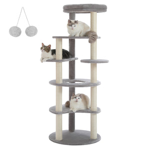 PEQULTI 61" Cat Tree 6-Level Cat Tower with 9 Sisal Scratching Posts for Indoor Large Cats, Gray