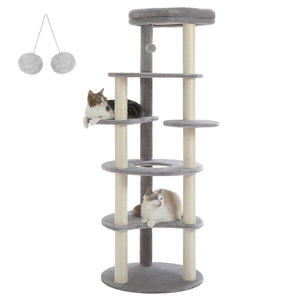 PEQULTI 61" Torre para gatos de 6 níveis com 9 postes de arranhar de sisal para gatos grandes internos, cinza 