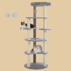 PAWZ Road 61" Cat Tree for Indoor Cats, Cat Climbing Tower with 9 Sisal Scratching Posts [6-Levels] Circular Play Floor and Replaceable Dangling Ball Top Perch Wood Beige/Gray