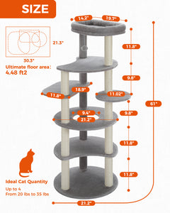 PEQULTI 61" Torre para gatos de 6 níveis com 9 postes de arranhar de sisal para gatos grandes internos, cinza 