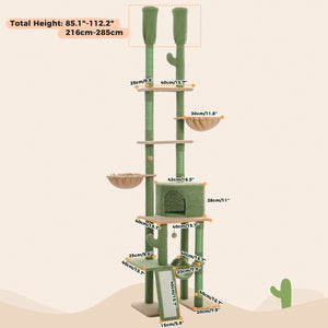 PAWZ Road Cactus Cat Tree Floor to Ceiling Cat Tower with Adjustable Height(85-112 Inches), 7 Tiers Cat Climbing Activity Center with Cozy Hammocks, 5 Platforms and Scratching Posts for Indoor Cats