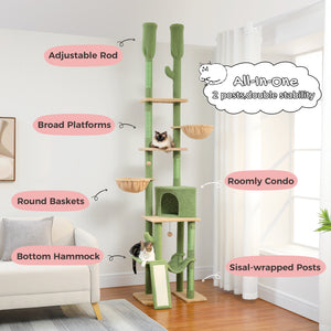 PAWZ Road Cactus Cat Tree Floor to Ceiling Cat Tower with Adjustable Height(85-112 Inches), 7 Tiers Cat Climbing Activity Center with Cozy Hammocks, 5 Platforms and Scratching Posts for Indoor Cats