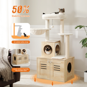 PAWZ Road Cat Tree with Litter Box Included-Modern Cat Tower with Litter Box Enclosure Furniture, 50"[127cm] Wood Cat Condo with Large Hammock Top Perch for Large/Fat Cats, Rustic Brown Beige
