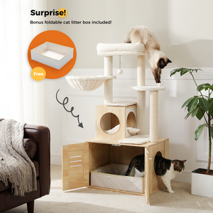 PAWZ Road Cat Tree with Litter Box Included-Modern Cat Tower with Litter Box Enclosure Furniture, 50"[127cm] Wood Cat Condo with Large Hammock Top Perch for Large/Fat Cats, Rustic Brown Beige