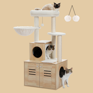 PAWZ Road Cat Tree with Litter Box Included-Modern Cat Tower with Litter Box Enclosure Furniture, 50"[127cm] Wood Cat Condo with Large Hammock Top Perch for Large/Fat Cats, Rustic Brown Beige