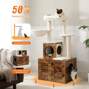 PAWZ Road Cat Tree with Litter Box Included-Modern Cat Tower with Litter Box Enclosure Furniture, 50"[127cm] Wood Cat Condo with Large Hammock Top Perch for Large/Fat Cats, Rustic Brown