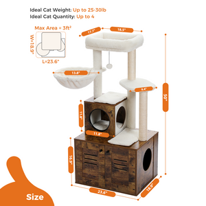 PAWZ Road Cat Tree with Litter Box Included-Modern Cat Tower with Litter Box Enclosure Furniture, 50"[127cm] Wood Cat Condo with Large Hammock Top Perch for Large/Fat Cats, Rustic Brown