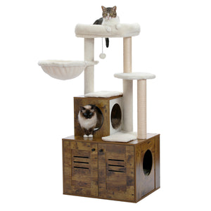 PEQULTI 50" Wooden Cat Tree Cat Tower with Litter Box Enclosure for Indoor Large Cats,Brown