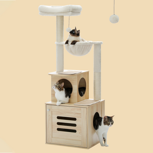 PAWZ Road Cat Tree with Litter Box, 55.5" [141cm] Cat Tower with Replaceable Top Bed and Leaves, Modern Wooden Cat Furniture with litter box enclosure, Cat Condos with Scratching Posts for Indoor Cats, Rustic Brown/Beige