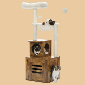 PAWZ Road Cat Tree with Litter Box, 55.5" [141cm] Cat Tower with Replaceable Top Bed and Leaves, Modern Wooden Cat Furniture with litter box enclosure, Cat Condos with Scratching Posts for Indoor Cats, Rustic Brown/Beige