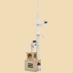 PAWZ Road Floor to Ceiling Cat Tree with Litter Box， Adjustable Height 90.6"-110.2" [230-280CM] Modern Cat Tower with 6 Tiers，Litter Box Enclosure，Scratching Post for Indoor Cats Brown/Beige