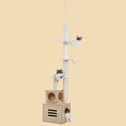 PAWZ Road Floor to Ceiling Cat Tree with Litter Box， Adjustable Height 90.6