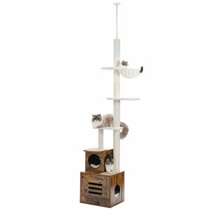 PEQULTI 95-110" Floor to Ceiling Wooden Cat Tree with Cat Litter Box Enclosure for Large Cats, Brown