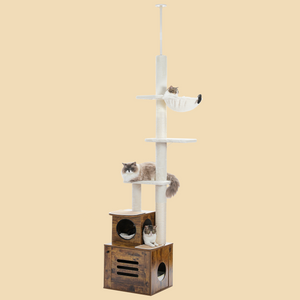 PAWZ Road Floor to Ceiling Cat Tree with Litter Box， Adjustable Height 90.6"-110.2" [230-280CM] Modern Cat Tower with 6 Tiers，Litter Box Enclosure，Scratching Post for Indoor Cats Brown/Beige