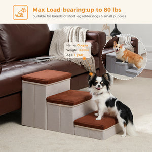 PAWZ Road Pet Stairs Escada de rampa para cães de 3 passos com caixas de armazenamento Rampa dobrável para cães e gatos para sofás de cama alta, marrom 