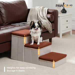 PAWZ Road Pet Stairs Escada de rampa para cães de 3 passos com caixas de armazenamento Rampa dobrável para cães e gatos para sofás de cama alta, marrom 