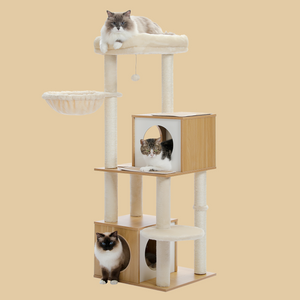 PAWZ Road Large Cat Tree, 51 Inches Wooden Cat Tower with Double Condos, Large Perch,Soft Hammock and Totally Wrapped Sisal Posts for Large Indoor Cats-Beige/Gray