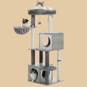 PAWZ Road Large Cat Tree, 51 Inches Wooden Cat Tower with Double Condos, Large Perch,Soft Hammock and Totally Wrapped Sisal Posts for Large Indoor Cats-Beige/Gray