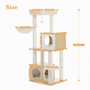 PAWZ Road Large Cat Tree, 51 Inches Wooden Cat Tower with Double Condos, Large Perch,Soft Hammock and Totally Wrapped Sisal Posts for Large Indoor Cats-Beige/Gray