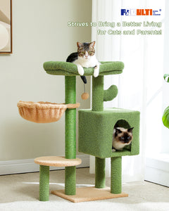 PEQULTI 35,4" Cactus Cat Tree Cat Tower com condomínio aconchegante e poleiro para gatos internos, verde 