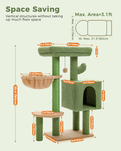 PEQULTI 35.4" Cactus Cat Tree Cat Tower with Cozy Condo and Perch for Indoor Cats, Green