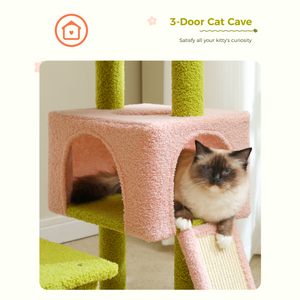 PAWZ Road  Flower Cat Tree 47.2" Multi-Level Cat Tower with Sisal Covered Scratching Posts, Cute Cat Condo for Indoor Small Medium Cats, Pink Top Perch, Ramp, Fluffy Ball, Green