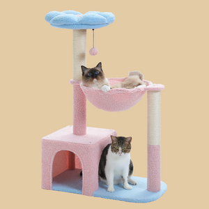 PAWZ Road Flower Cat Tree 36.6" Multi-Level Cat Tower with Sisal Covered Scratching Posts, Cute Cat Condo for Indoor Small Medium Cats, Pink Top Perch, Ramp, Fluffy Ball,Blue