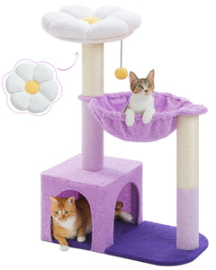Flower Cat Tree with Sisal Scratching Posts, 36.6" Cute Cat Tower with Large Green Hammock for Small Indoor Cats, Cat Condo with Removable Flower Bed for Kittens