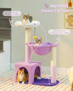 Flower Cat Tree with Sisal Scratching Posts, 36.6" Cute Cat Tower with Large Green Hammock for Small Indoor Cats, Cat Condo with Removable Flower Bed for Kittens
