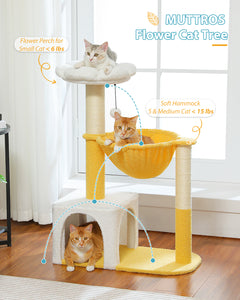 Flower Cat Tree with Sisal Scratching Posts, 36.6" Cute Cat Tower with Large Green Hammock for Small Indoor Cats, Cat Condo with Removable Flower Bed for Kittens