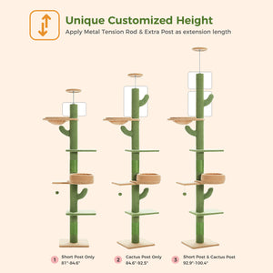 PAWZ Road Cactus Cat Tree Floor to Ceiling [87"-100"] Height Adjustable, 5 Levels Cactus Cat Tower [Diamter=4.1"] Super Robust Cat Scratcher with Perch& Hammock(Visible Acrylic Bowl Optional), Green