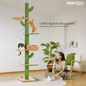 PAWZ Road Cactus Cat Tree Floor to Ceiling [87"-100"] Height Adjustable, 5 Levels Cactus Cat Tower [Diamter=4.1"] Super Robust Cat Scratcher with Perch& Hammock(Visible Acrylic Bowl Optional), Green