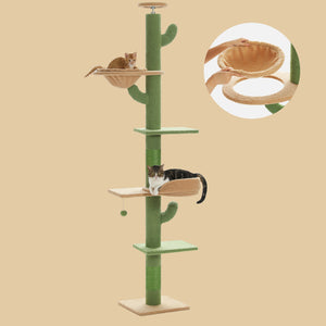 PAWZ Road Cactus Cat Tree Floor to Ceiling [87"-100"] Height Adjustable, 5 Levels Cactus Cat Tower [Diamter=4.1"] Super Robust Cat Scratcher with Perch& Hammock(Visible Acrylic Bowl Optional), Green