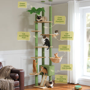 PAWZ Road Cactus Cat Tree Floor to Ceiling Cat Tower Adjustable Height (90.5''~100.4'' = 230cm~252cm) with Cat Condo, Cozy Hammock and Scratching Post, Tall Cat Activity Tree for Indoor Cats, Green